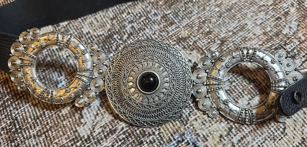 Chicos Triple Medallion Concho Belt Blk Leather Silver M/L Western Boho Festival